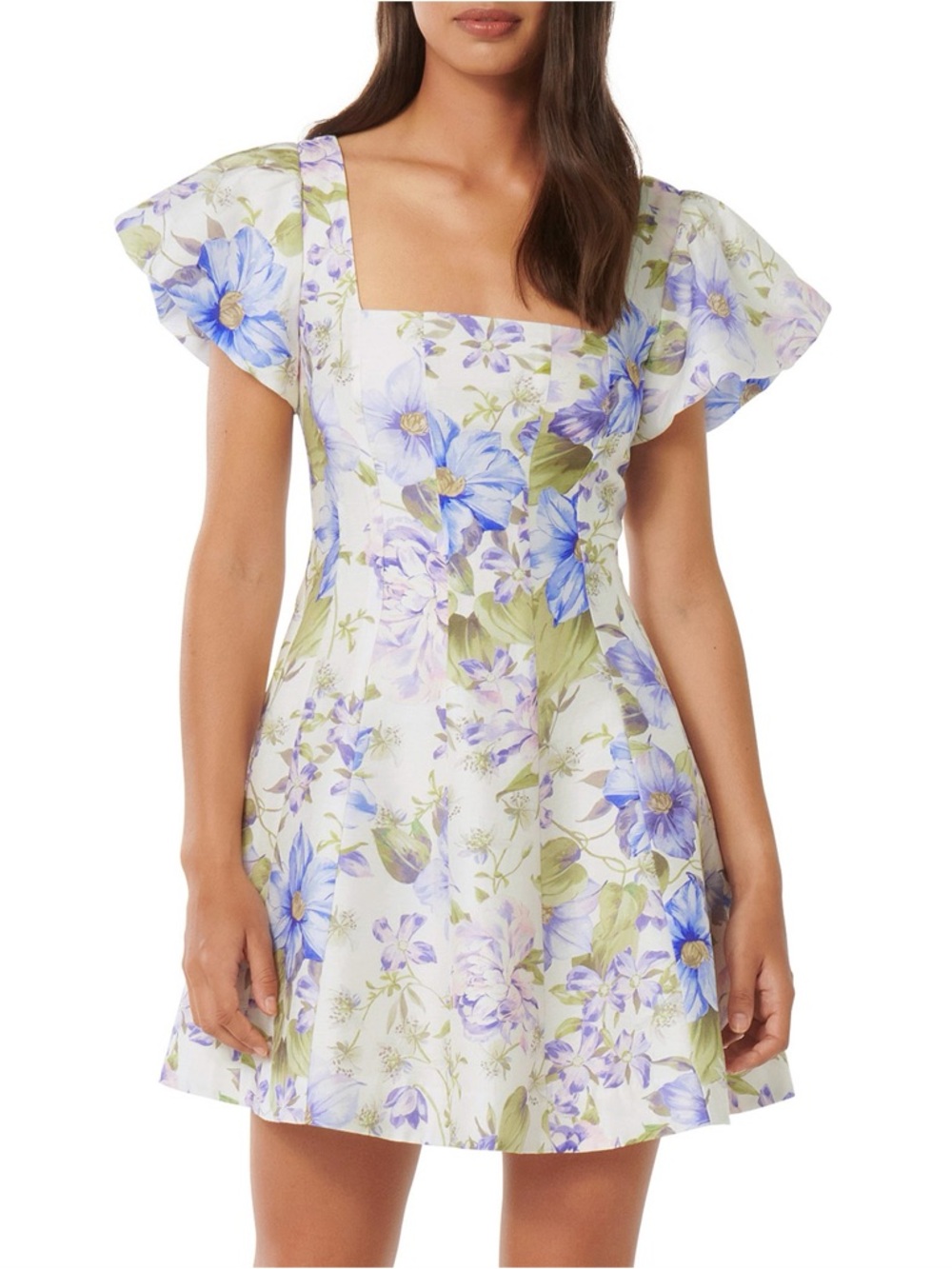 Ever New Floral Square-Neck Mini Dress in Lavender and Green